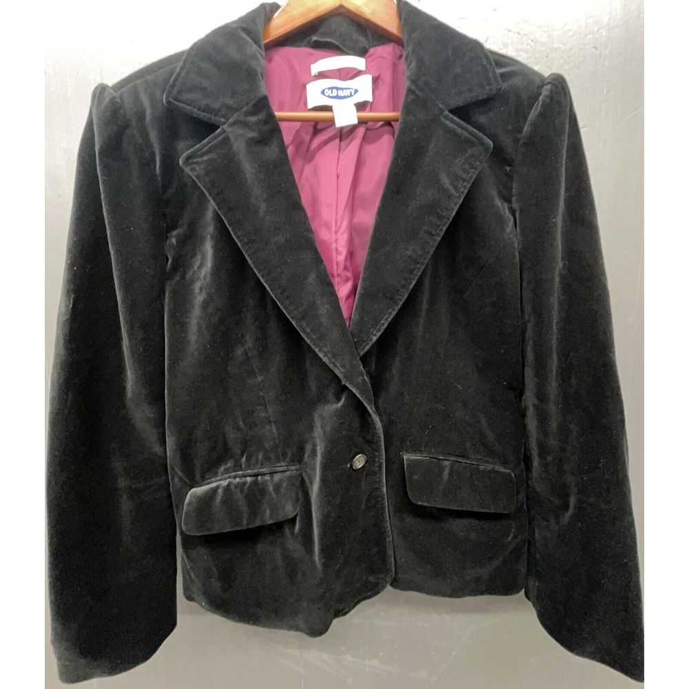 Old Navy Blazer Women L Black Velour Stretch Lined Pockets Soft Jacket Career